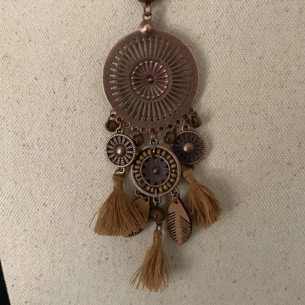 Men’s Boho Medallion Pendant Necklace – Bronze Tone with Faux Suede Cord